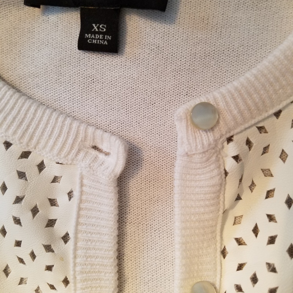 Faux leather accented cardigan, white
